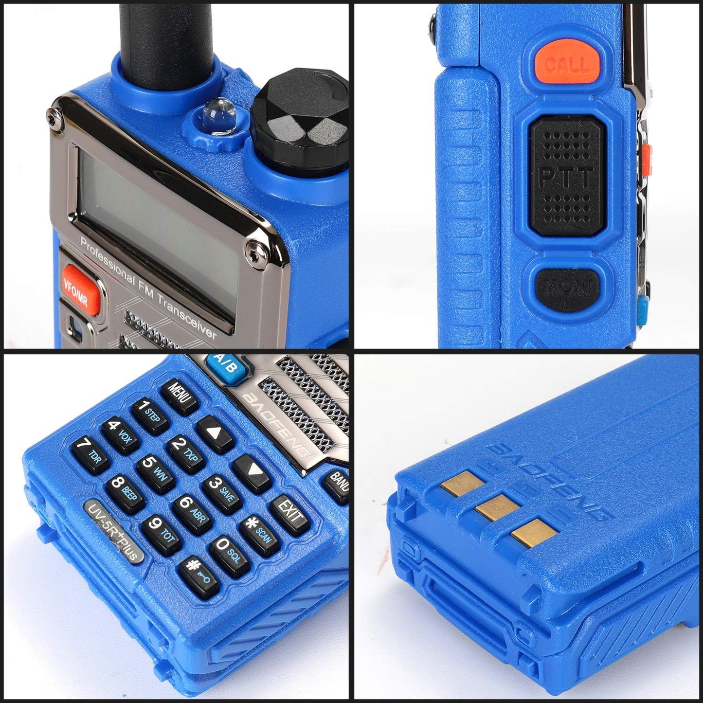 Baofeng UV-5R Plus in blue, close-up of keypad, speaker and battery