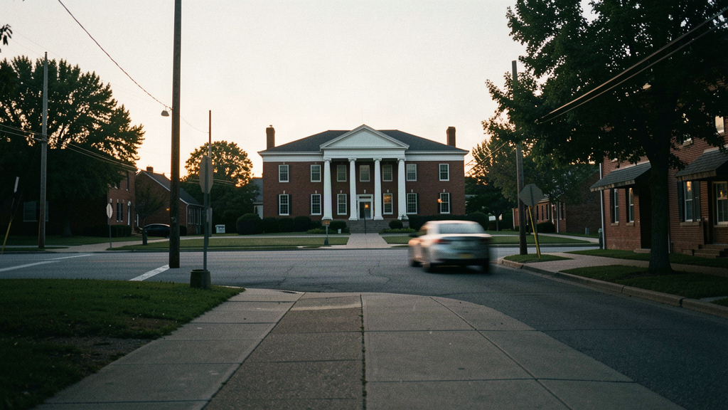 Rural western Kentucky courthouse square at dusk with an empty street, documentary news photograph