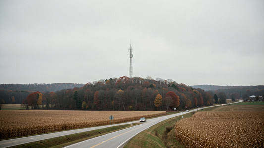 Communications tower on a wooded ridge above rural Wisconsin farmland under a grey sky