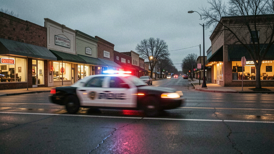 A police cruiser drives through a small Oklahoma town at dusk, lights blurred with motion.