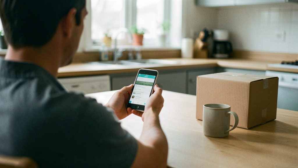 Person at a kitchen table in morning light holding a phone with an out-of-focus screen beside a small unmarked shipping box