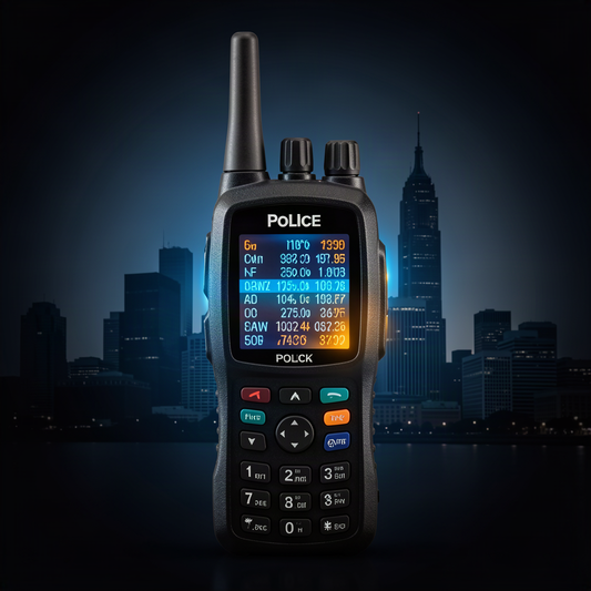 Police scanner handheld radio with glowing blue display, Chicago skyline silhouette in background, dramatic night scene, news journalism theme