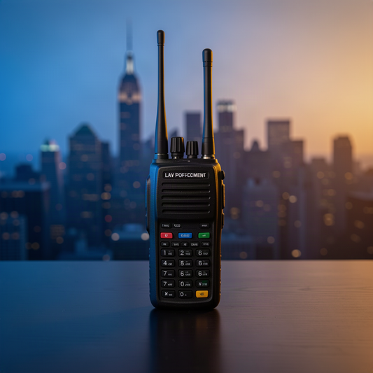 Police scanner on dark desk with blue and amber lighting and New York City skyline silhouette, representing police radio encryption legislation