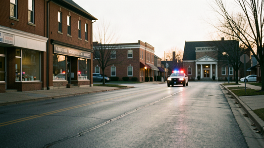A quiet suburban downtown street in the Chicago western suburbs at dusk, empty of people, with a single distant police cruiser far down the block and its lights reflecting off wet asphalt.