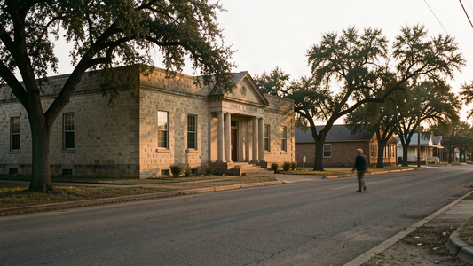 Rural South Texas county courthouse exterior at dusk seen from an empty street, where commissioners weighed police radio encryption