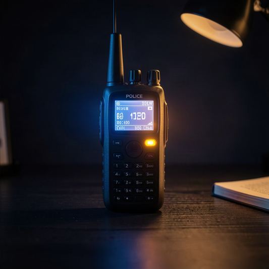 Handheld police scanner radio glowing with blue and amber LEDs on a dark desk, dramatic lighting, emergency communication theme