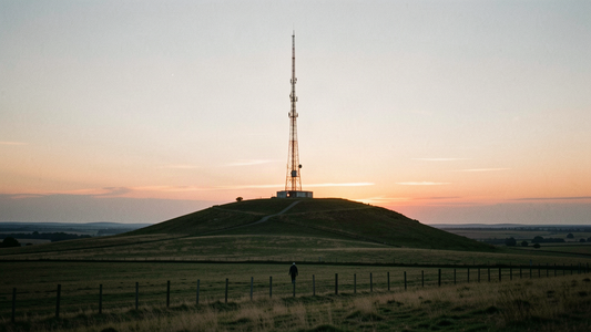 A tall radio transmission tower on a grassy ridge at dusk, seen from across open countryside with a lone figure walking a fence line far in the foreground.