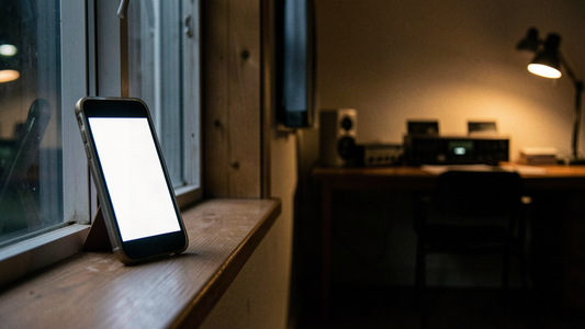Phone propped on a shelf in a dim home radio room at night, screen glow the only light