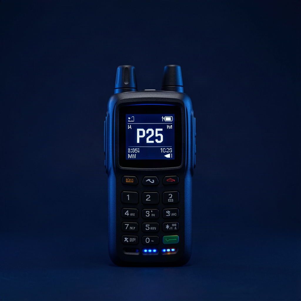 Digital police scanner radio displaying a P25 frequency, representing Ohio's MARCS statewide trunked system