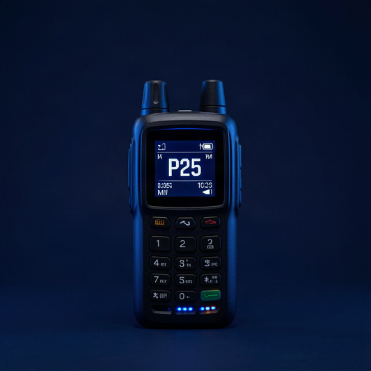 Digital police scanner radio displaying a P25 frequency, representing Ohio's MARCS statewide trunked system