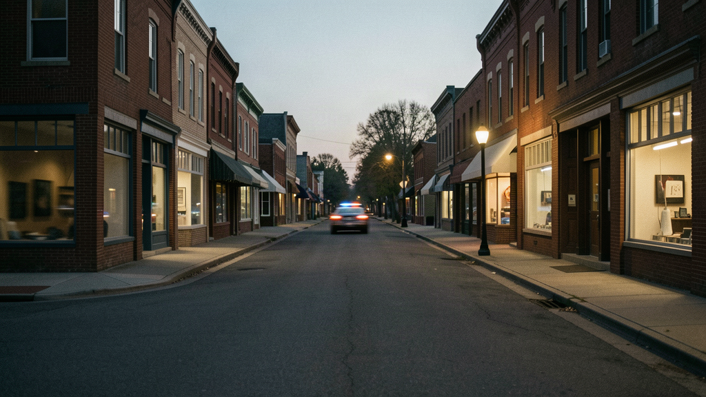 Empty small-town North Carolina main street at dusk after Troutman police encrypted their dispatch radio