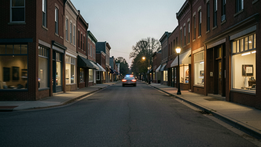 Empty small-town North Carolina main street at dusk after Troutman police encrypted their dispatch radio