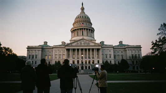 New York State Capitol in Albany at dusk as the Assembly passed a revised police radio access bill