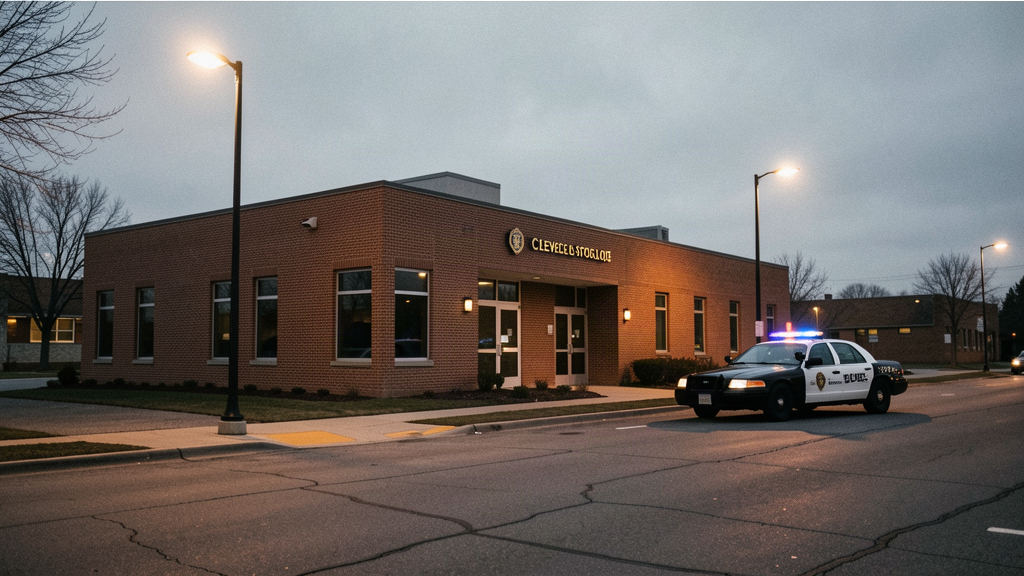 Wide documentary photograph of a Cleveland police station exterior at dusk with a distant parked cruiser