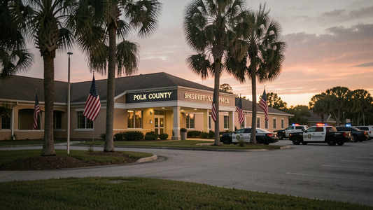 Documentary establishing shot of the Polk County Sheriff's Office exterior in Bartow, Florida at dusk, with American flags and Florida palm trees visible in foreground