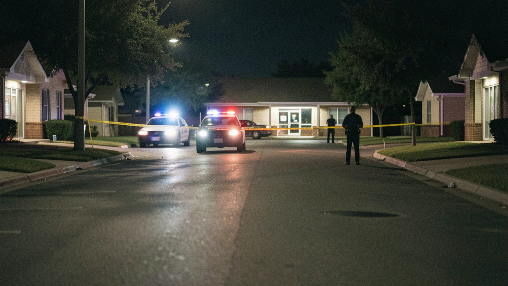 Police cruisers and tape at a suburban storefront parking lot at night, photographed from across the street after a burglary investigation.