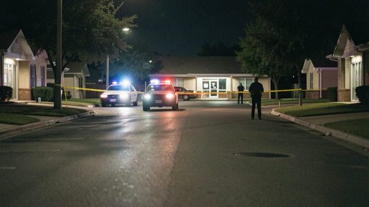 Police cruisers and tape at a suburban storefront parking lot at night, photographed from across the street after a burglary investigation.