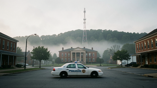 Rural central Pennsylvania county courthouse at dawn with a radio communications tower on a wooded ridge behind it and an unmarked police car blurred in motion