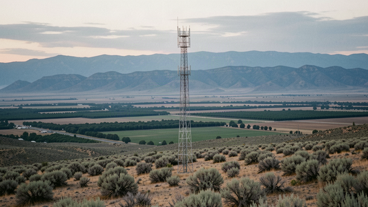 A county emergency radio tower on a dry ridge above the Yakima Valley farmland at dusk
