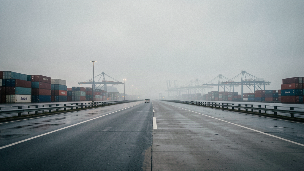 Distant view of a seaport container terminal at dawn, where imported radio hardware enters the United States
