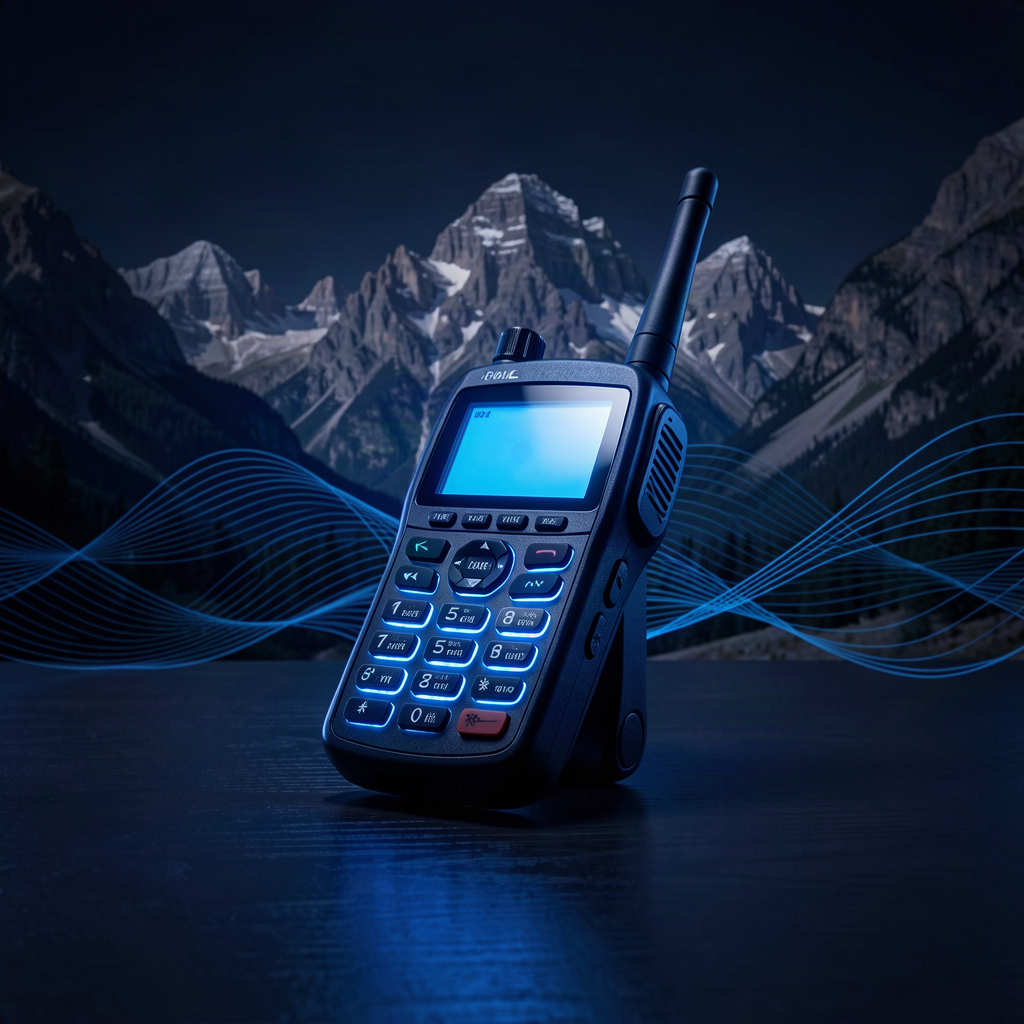 Police scanner on a dark table with blue glowing lights, mountainous Colorado landscape visible in shadowy background
