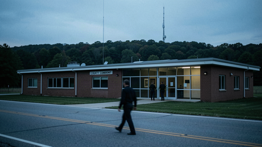 Rural Pennsylvania county government building at dusk with a distant radio tower on the ridge