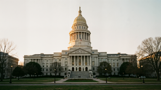 Wide-angle documentary photograph of the Illinois State Capitol building exterior at golden hour with muted editorial color grade
