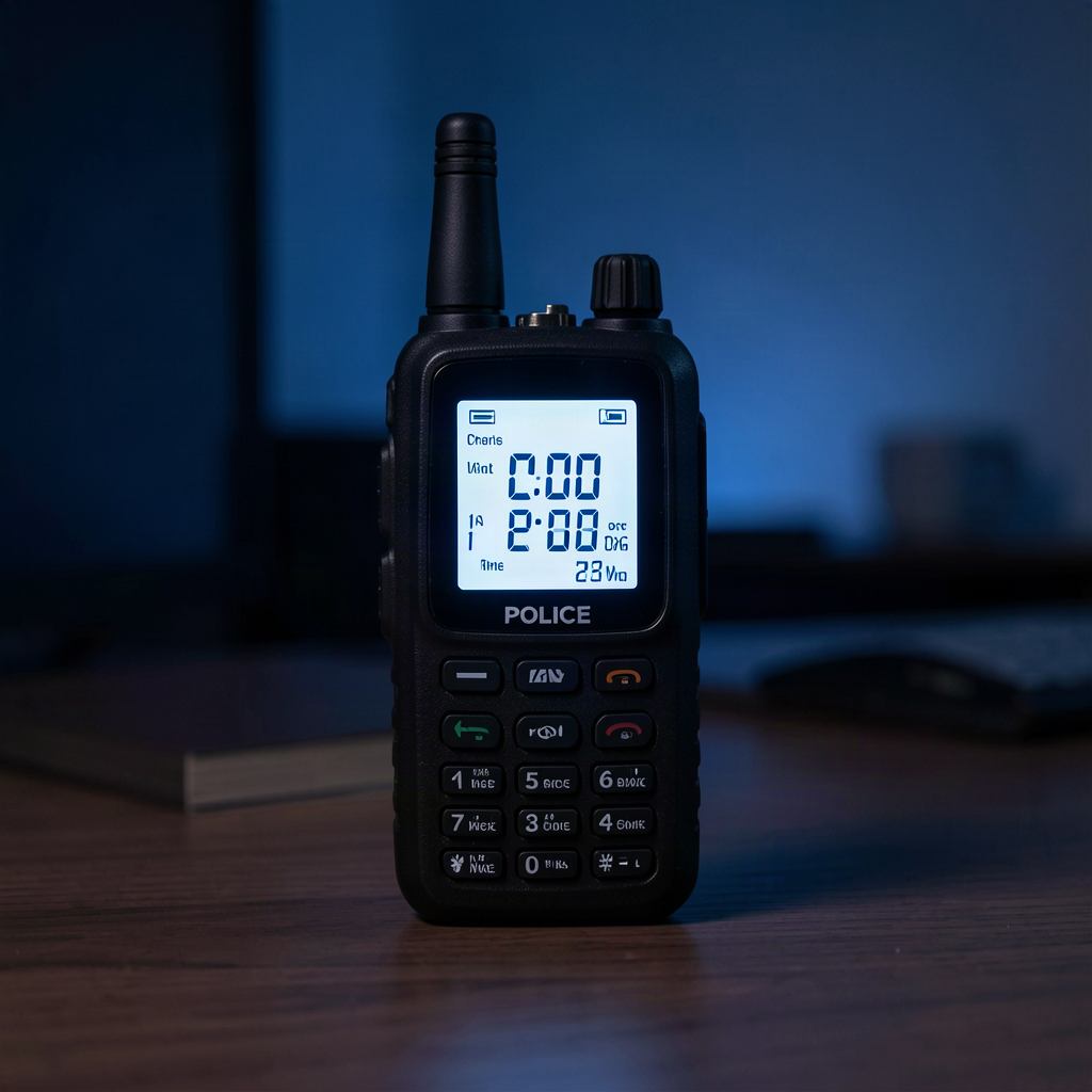 Police scanner radio glowing at night