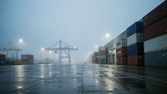Shipping containers and gantry cranes at an import terminal at dusk, seen from a distance in light fog