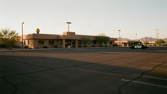 Wide dusk shot of a low police headquarters building in a desert city with a distant parked patrol cruiser, long shadows across an empty lot