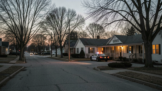 A distant police cruiser parked outside a small-town Indiana police station at dusk as Auburn, Butler and Waterloo police prepare to switch to encrypted radios by early 2027