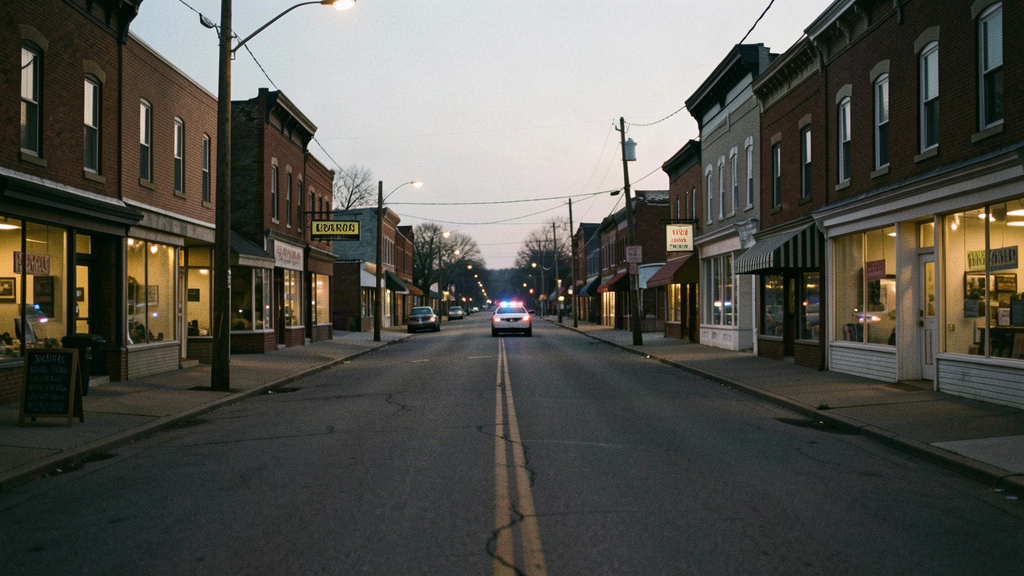 Quiet small-town main street in western Pennsylvania at dusk with a single distant police cruiser parked far down the block
