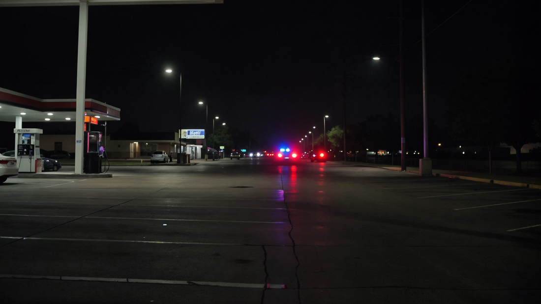 Night scene of a gas station parking lot in Humble Texas with distant cruiser lights