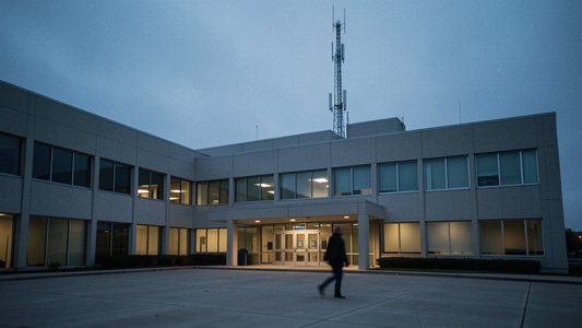 Federal communications building at dusk with a radio antenna tower rising above the roofline
