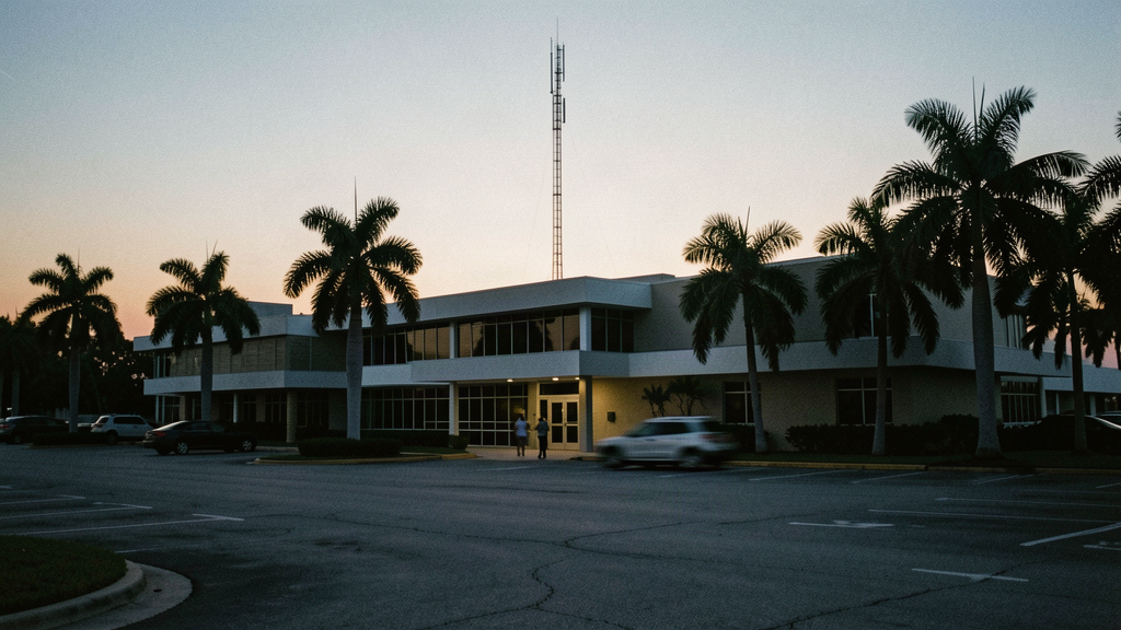 Municipal public safety building in South Florida at dusk with palm trees and a rooftop radio antenna mast