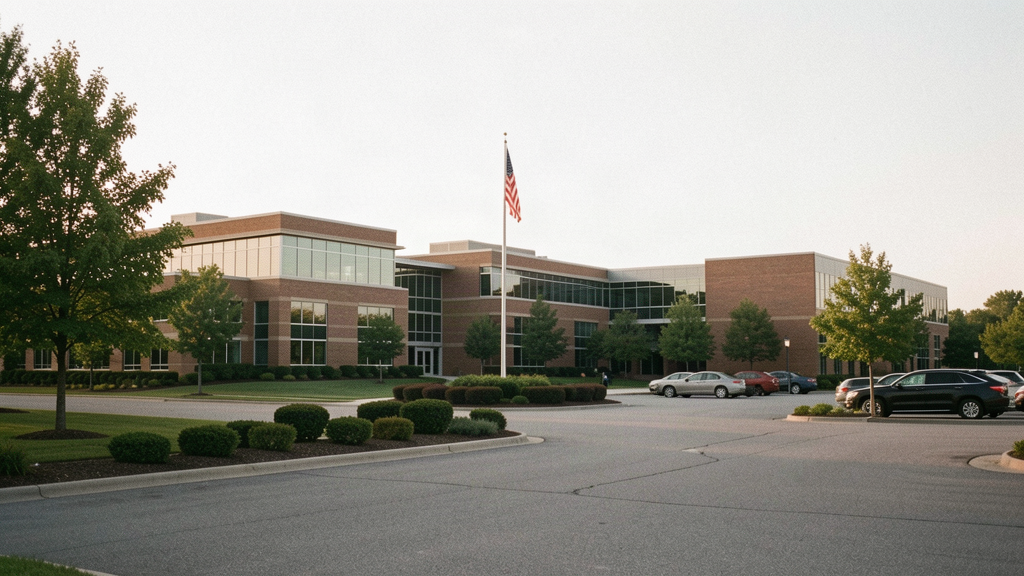 Modern Montgomery County Maryland public safety and government complex exterior in late-afternoon light with an American flag