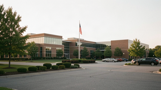 Modern Montgomery County Maryland public safety and government complex exterior in late-afternoon light with an American flag