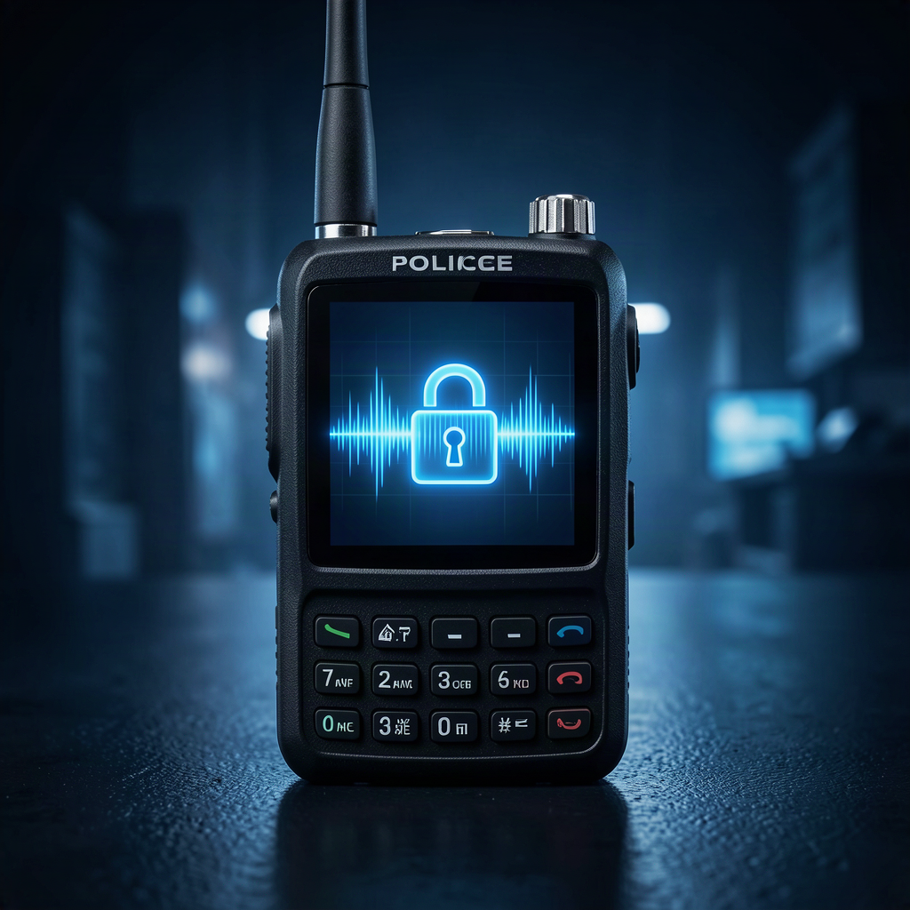 Police scanner with digital waves and padlock