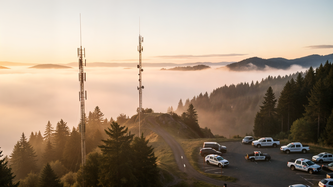 Radio tower on a misty ridge in Skagit County Washington at golden hour