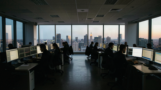 Silhouetted journalists working in an open newsroom at dusk as monitors glow in the background