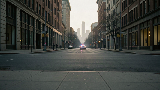 A quiet downtown street in a large Midwestern city at dusk with a distant police cruiser, as Cincinnati and Hamilton County police dispatch go encrypted in 2026
