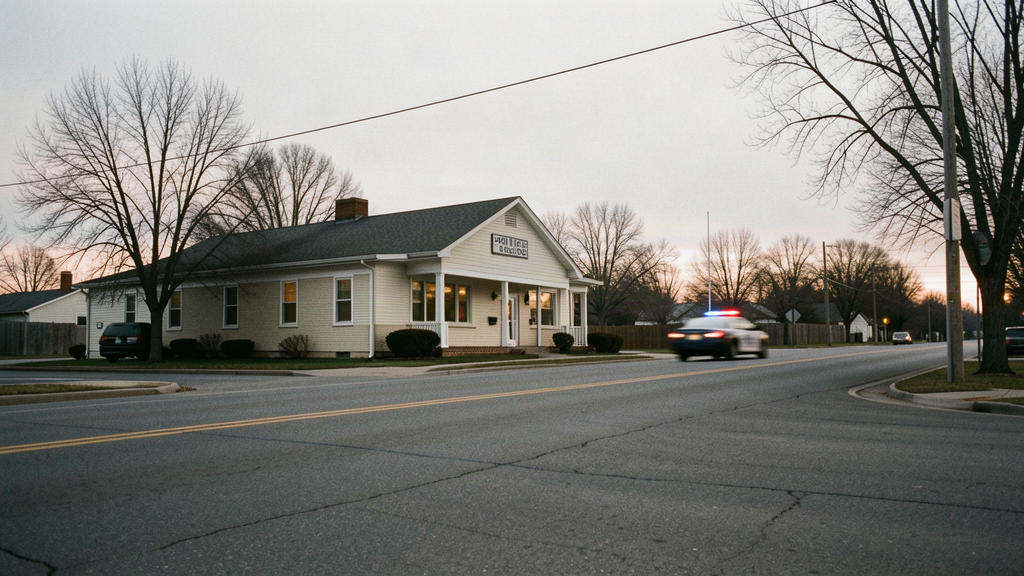 Exterior of a small-city police and emergency dispatch building in a rural Washington valley at dawn