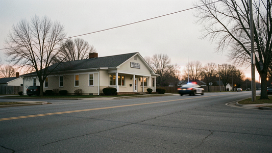 Exterior of a small-city police and emergency dispatch building in a rural Washington valley at dawn