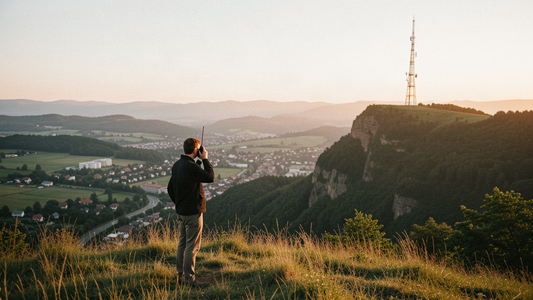 A listener on a grassy ridge at golden hour holds a small handheld radio to their ear, with a radio transmission tower on a distant ridge in the evening light.
