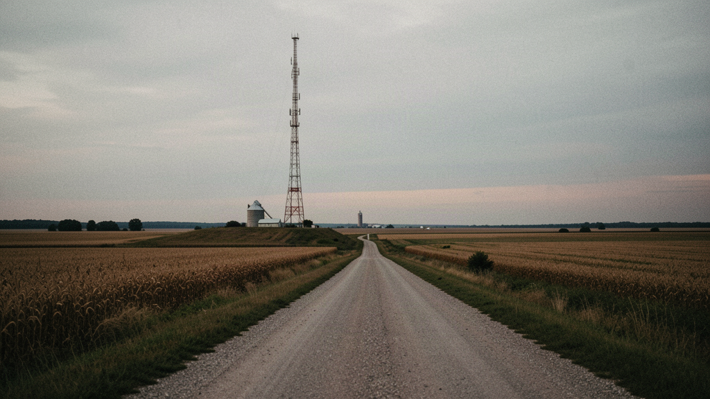 Lattice radio communications tower on a ridge above flat central Illinois farmland at dusk