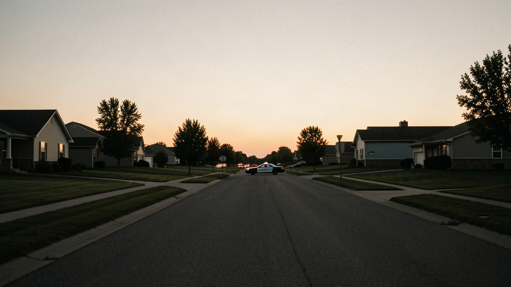 Wide dusk shot of a quiet suburban Midwest street with a single distant parked police cruiser near a low civic building, flat prairie sky