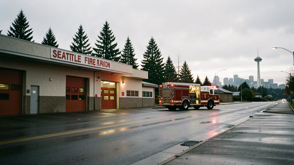 A Seattle fire station at a distance across a wet street on an overcast Pacific Northwest afternoon, bay doors open with an engine parked outside.