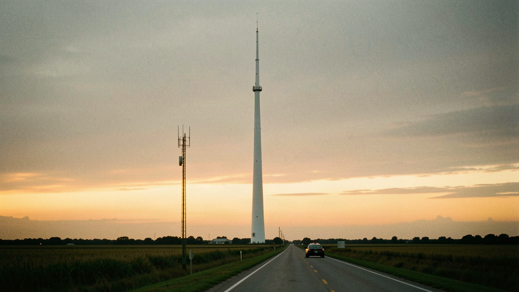 Radio tower on the flat Louisiana horizon at dusk, ahead of the statewide LWIN radio system upgrade
