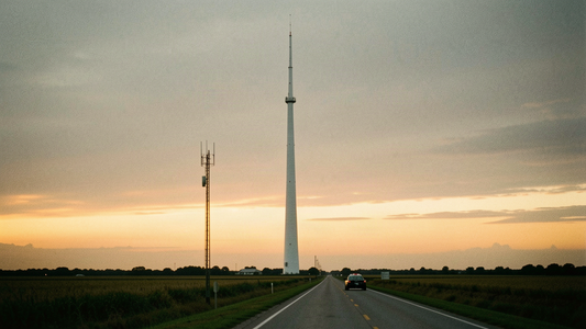 Radio tower on the flat Louisiana horizon at dusk, ahead of the statewide LWIN radio system upgrade