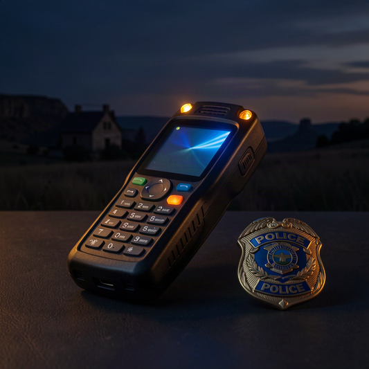 Police scanner on a dark surface with amber and blue indicator lights, vintage police badge beside it, warm documentary-style lighting
